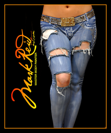 womans legs painted with detailed jeans